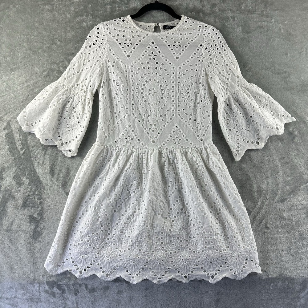 Simplee Dress Women's S White Eyelet Lace Lined Skirt 3/4 Length Bell Sleeves